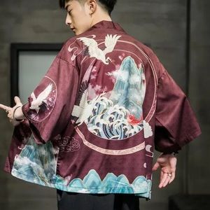 (A8) NEW Japanese Kimono Coat Loose Oriental Dragon Crane Print, Sz Large, NWOT